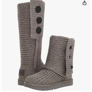 UGG Cardy Tall Cable Knit Sweater Sheepskin Womens Size 8 Grey Boots